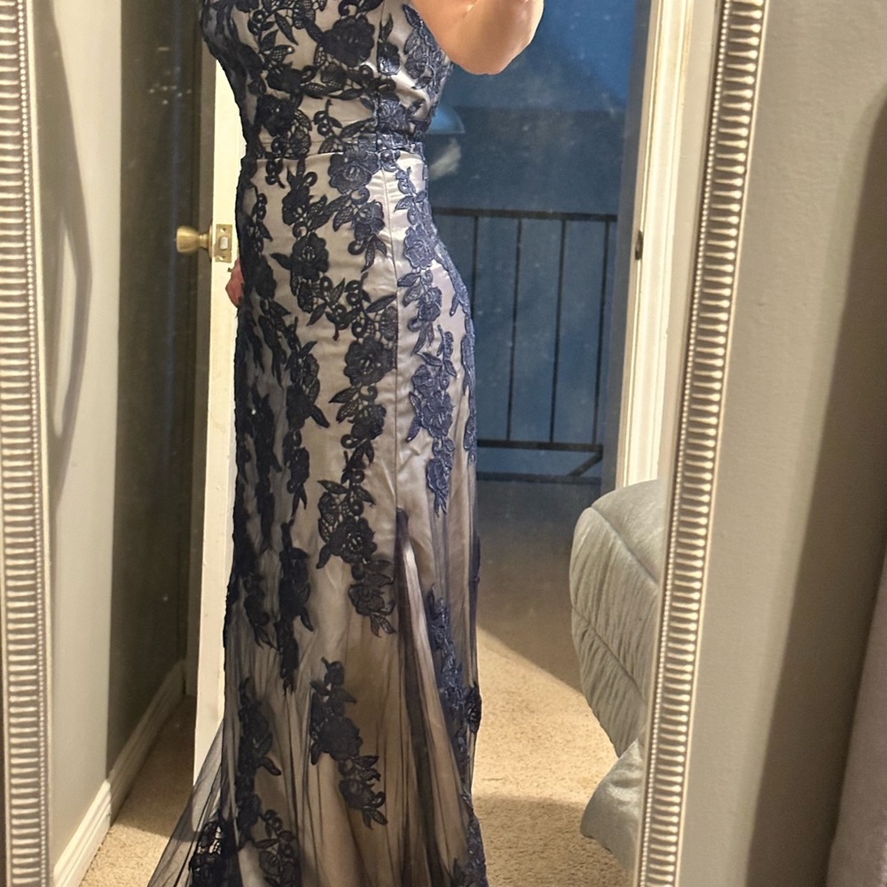 Navy and cream floorlength evening gown